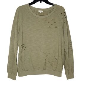 DUETS olive green sweatshirt with kangaroo pockets.  Size L
